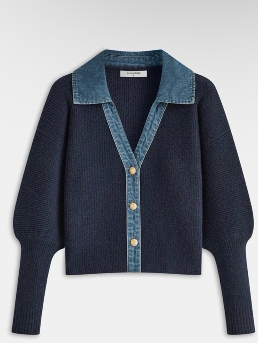COMMENSE — Leg-Of-Mutton Sleeve Denim Panel Knit Cardigan